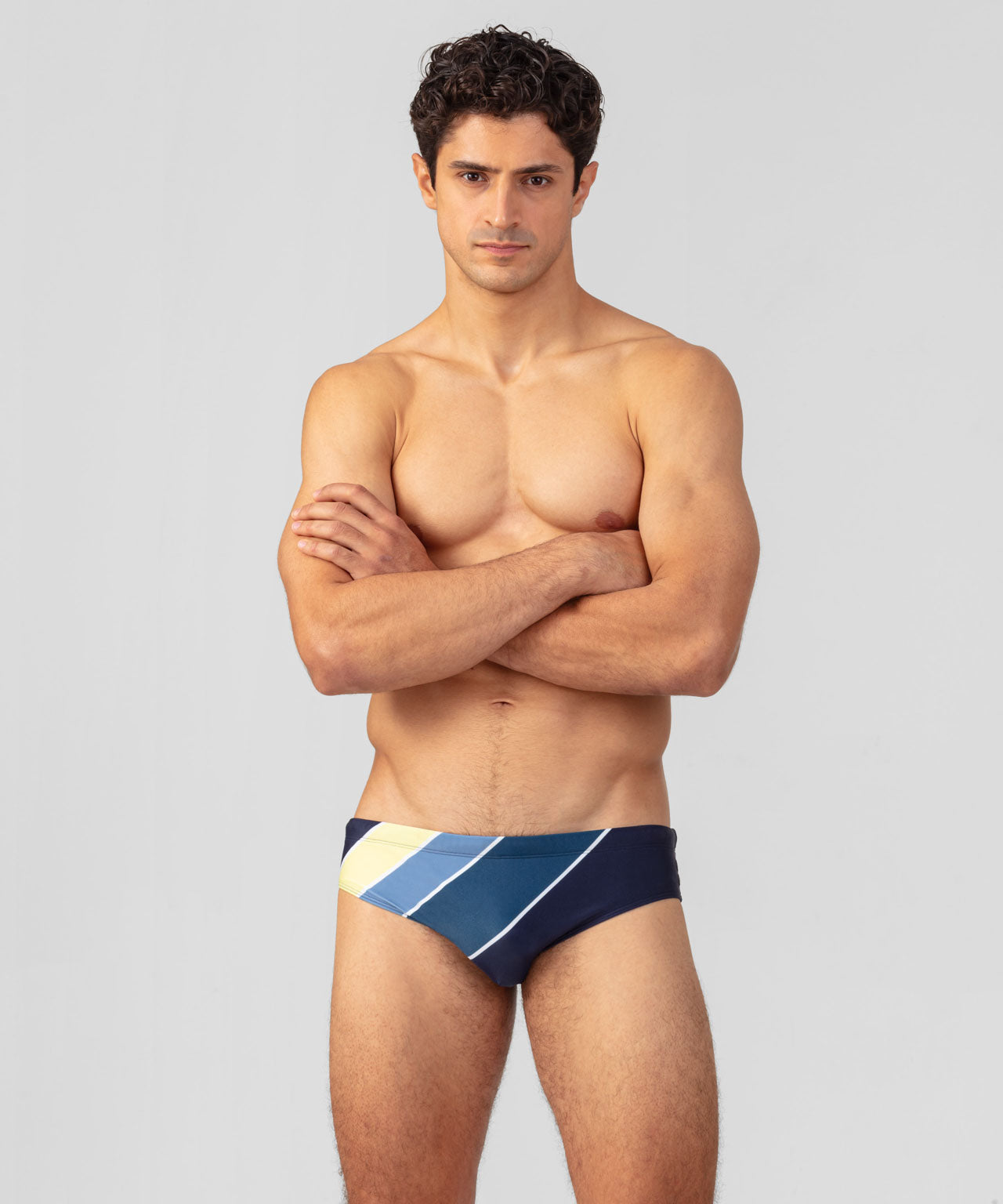 Swim Briefs w. Diagonal Retro Stripes: Navy