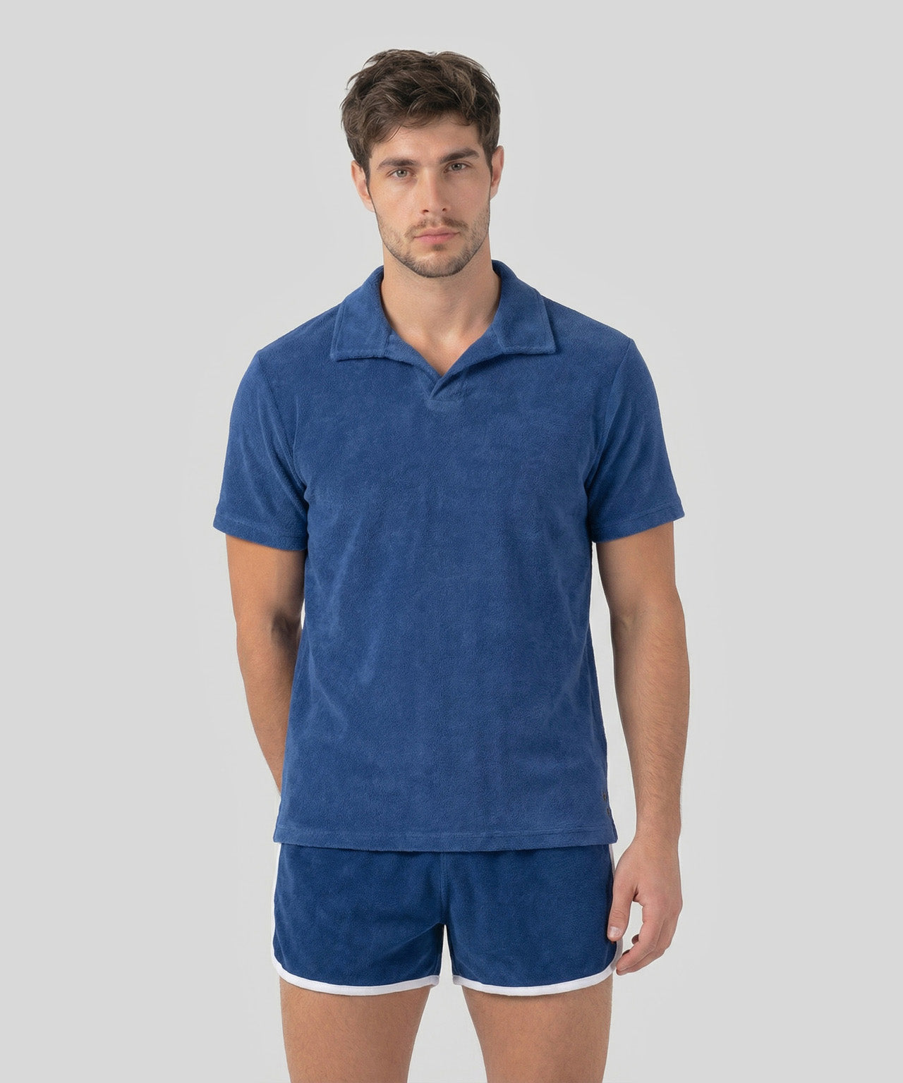 Cotton Terry V Neck Polo Bleu | Ron Dorff