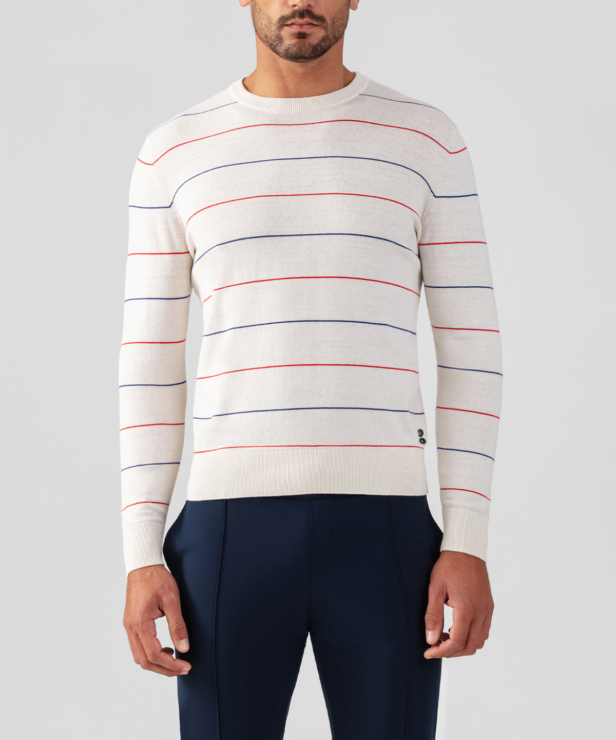 Cotton-Silk Cashmere Sweater w. Tennis Stripes: Off White