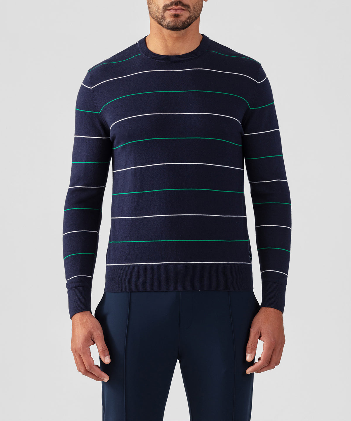 Cotton-Silk Cashmere Sweater w. Tennis Stripes: Navy