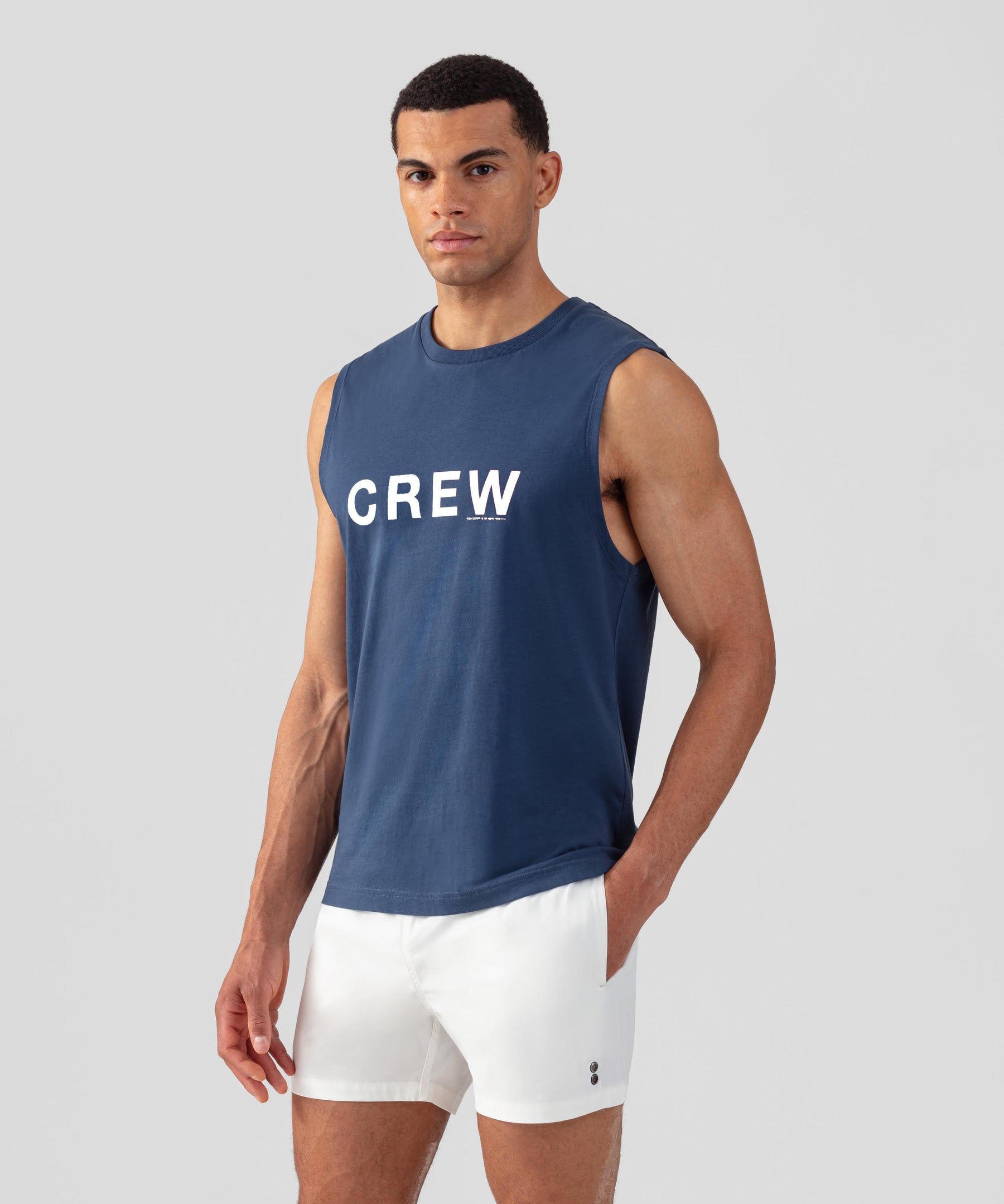 Organic Cotton Sleeveless T-Shirt "CREW" White: Deep Blue