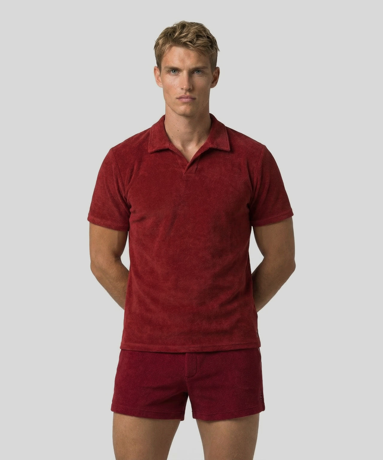 Cotton Terry V Neck Polo Red | Ron Dorff