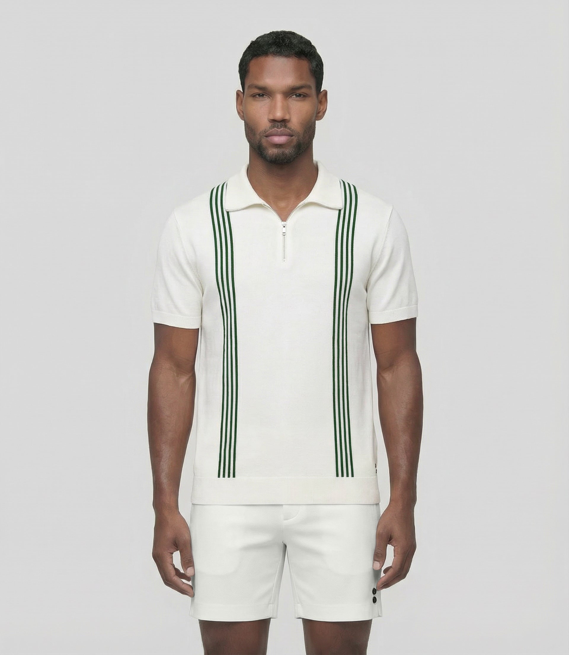 Cotton-Silk Zip Collar Polo w. Stripes Off White | Ron Dorff
