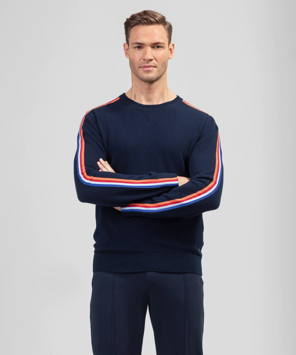 Cotton Cashmere Sweatshirt w. Side Stripes: Navy