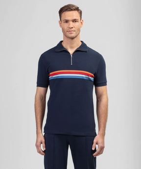 Cotton Piqué RD Polo w. Stripes: Navy