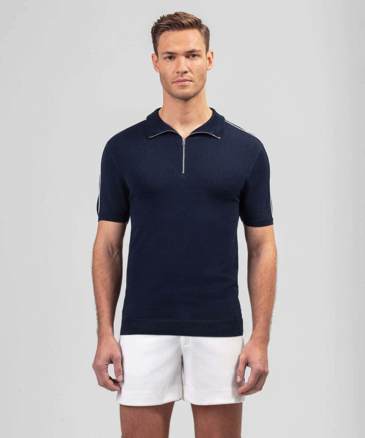 Cotton Silk RD Polo w. Piping: Navy