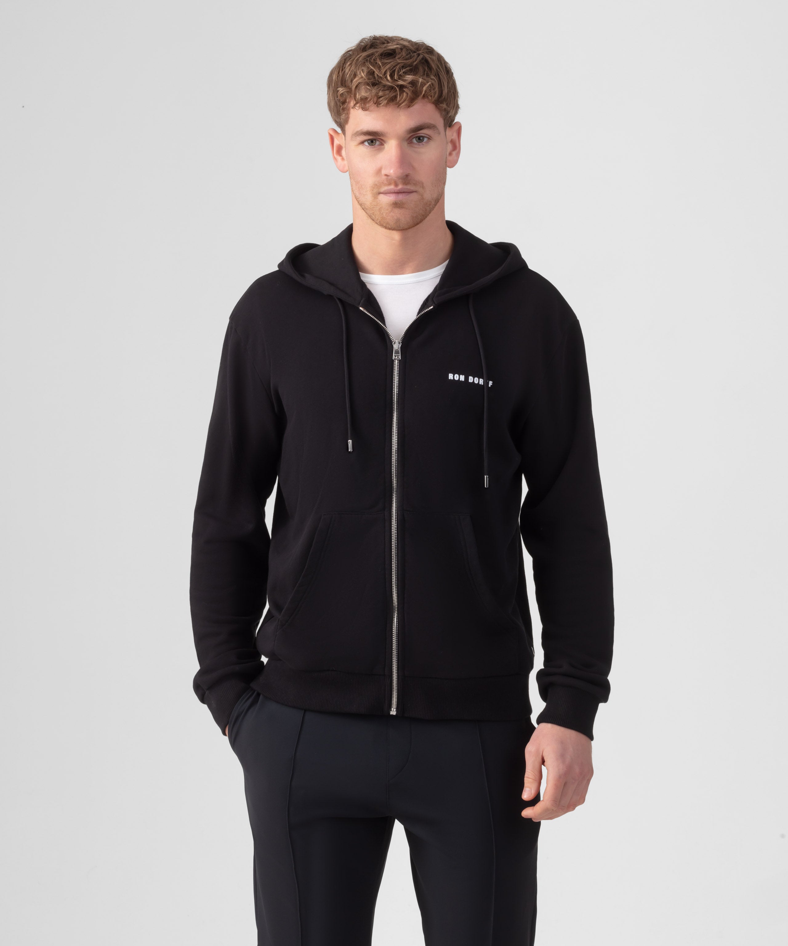 Organic Cotton Zipped Relaxed Fit Hoodie: Black | Ron Dorff