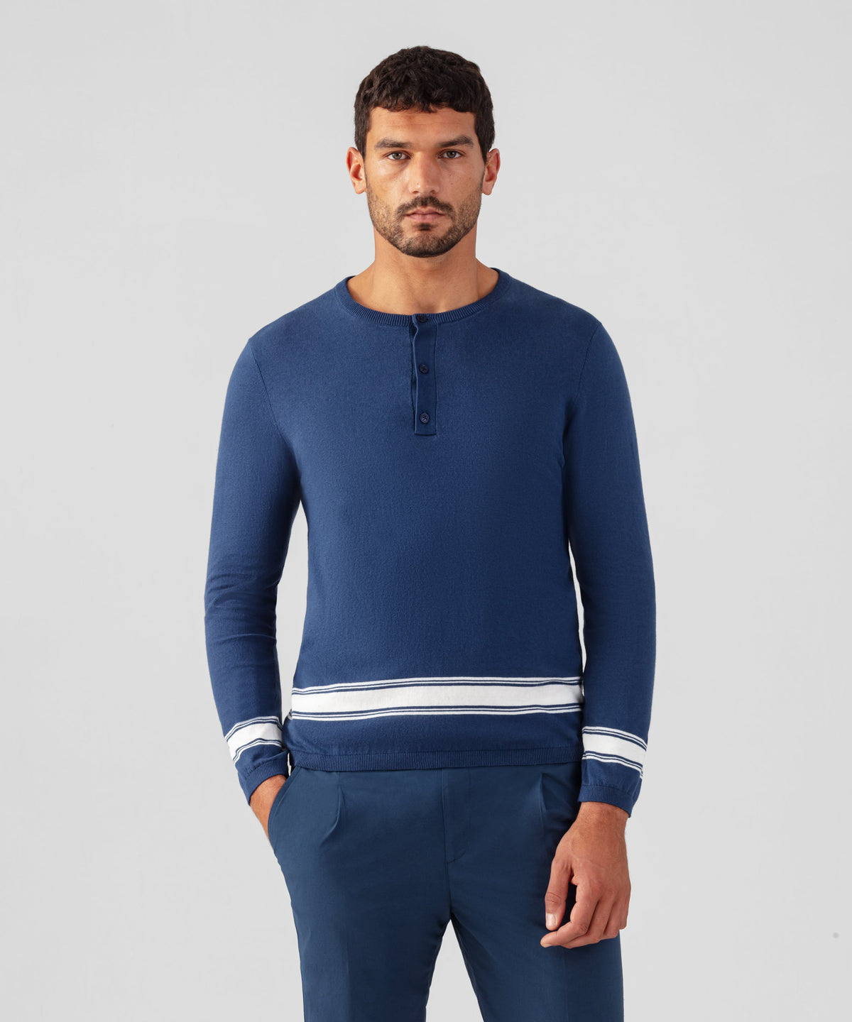 Cotton Linen Henley Sweater: Deep Blue