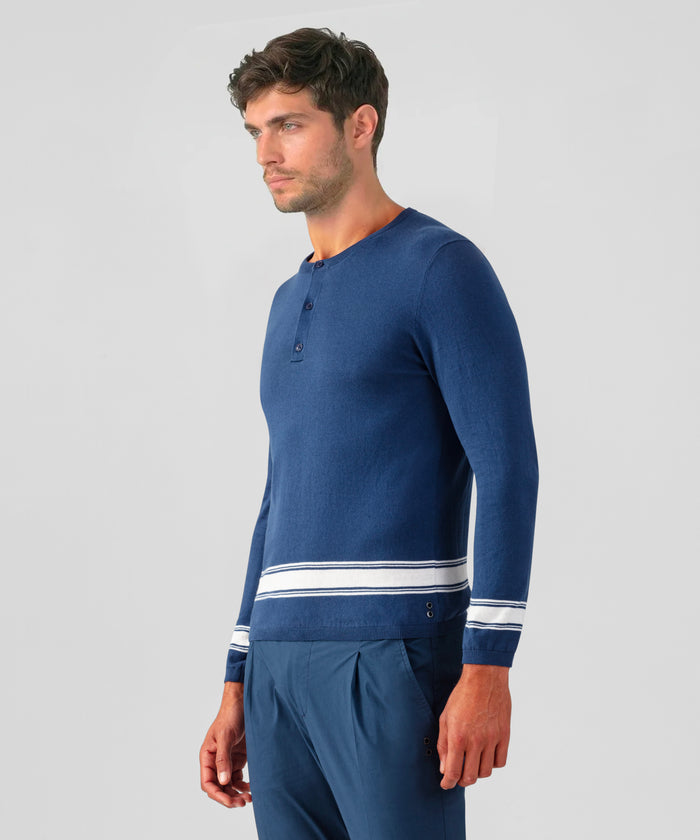 Cotton-Linen Henley Sweater: Deep Blue