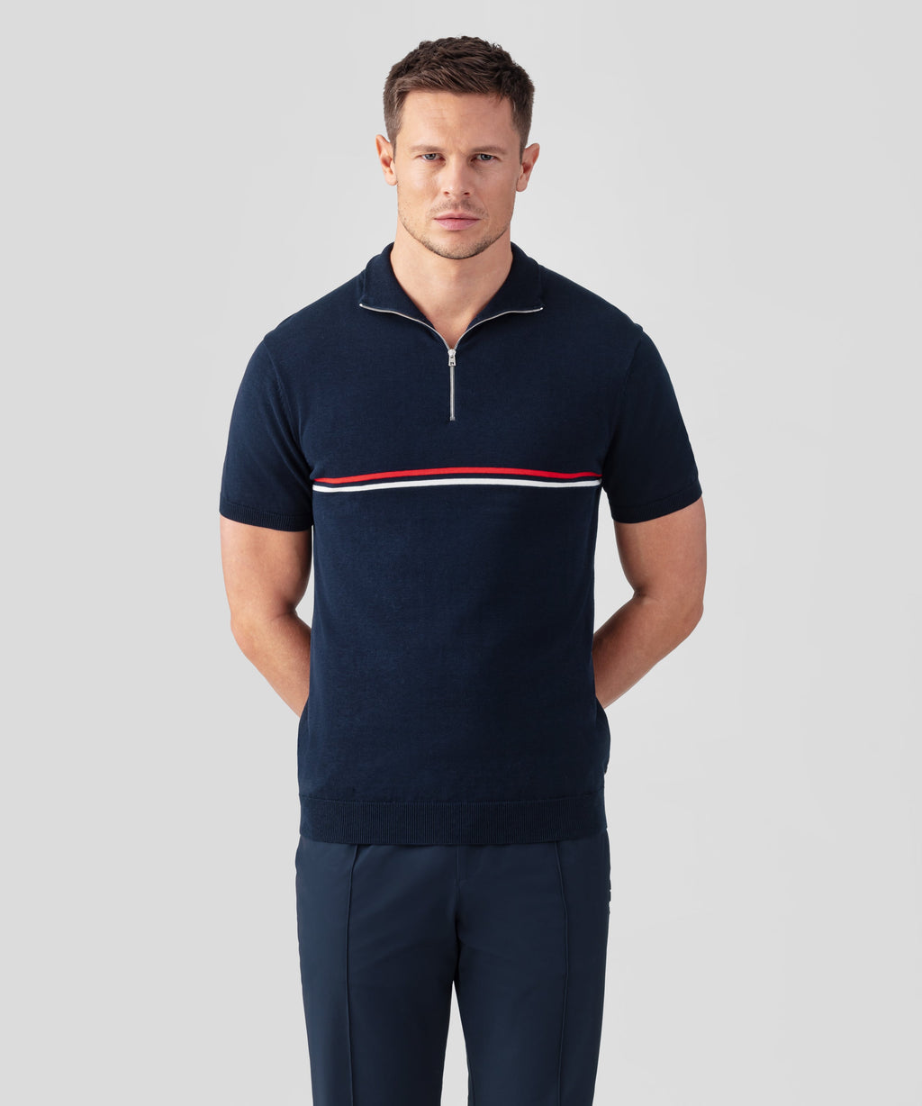 Cotton-Silk RD Polo w. Chest Stripes: Navy | Ron Dorff