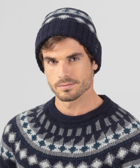 Wool Cashmere Beanie w. Nordic Pattern: Navy