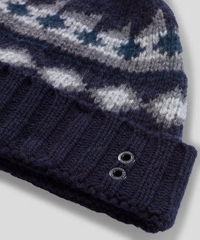 Wool Cashmere Beanie w. Nordic Pattern: Navy