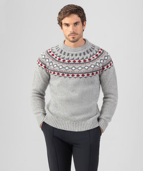 Wool Cashmere Sweater w. Nordic Pattern: Grey Melange