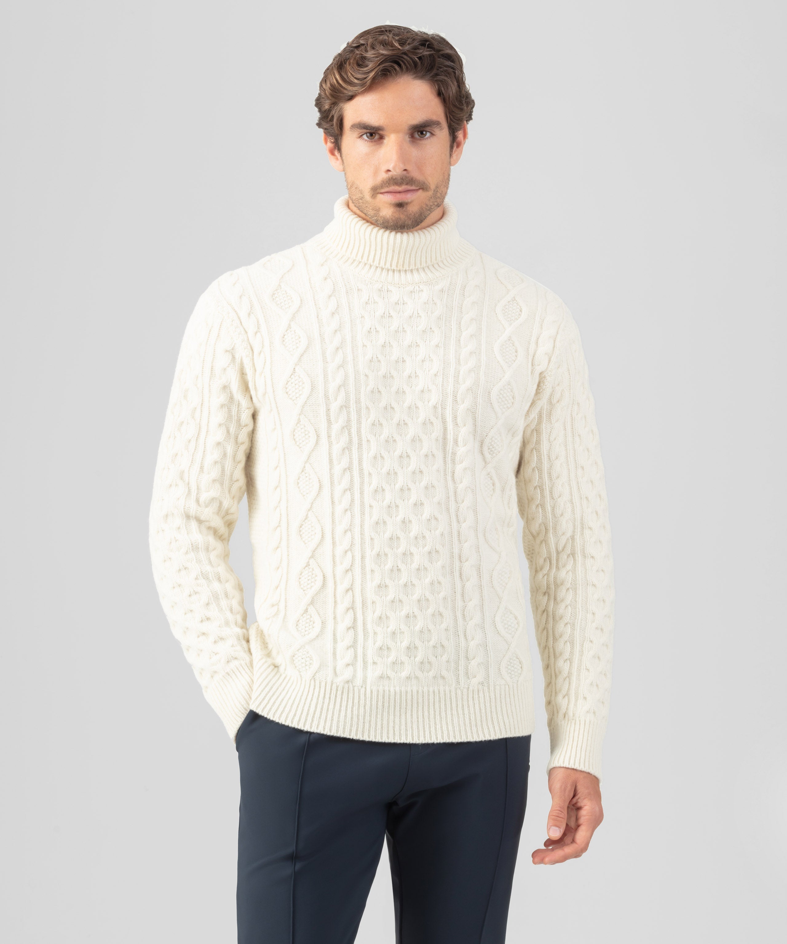 【Raucohouse】Wool tweed banding track jumper Wool Cashmere Telemark Sweater Turtle Neck: Off White | Ron