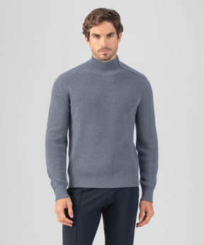 Wool Sweater w. Side-Collar Zip: Glacial Blue