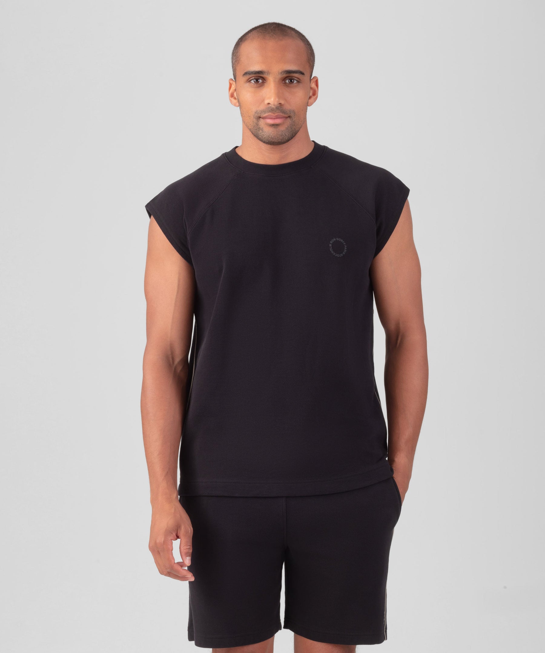 Cotton Piqué Sleeveless Sweatshirt w. Piping: Black