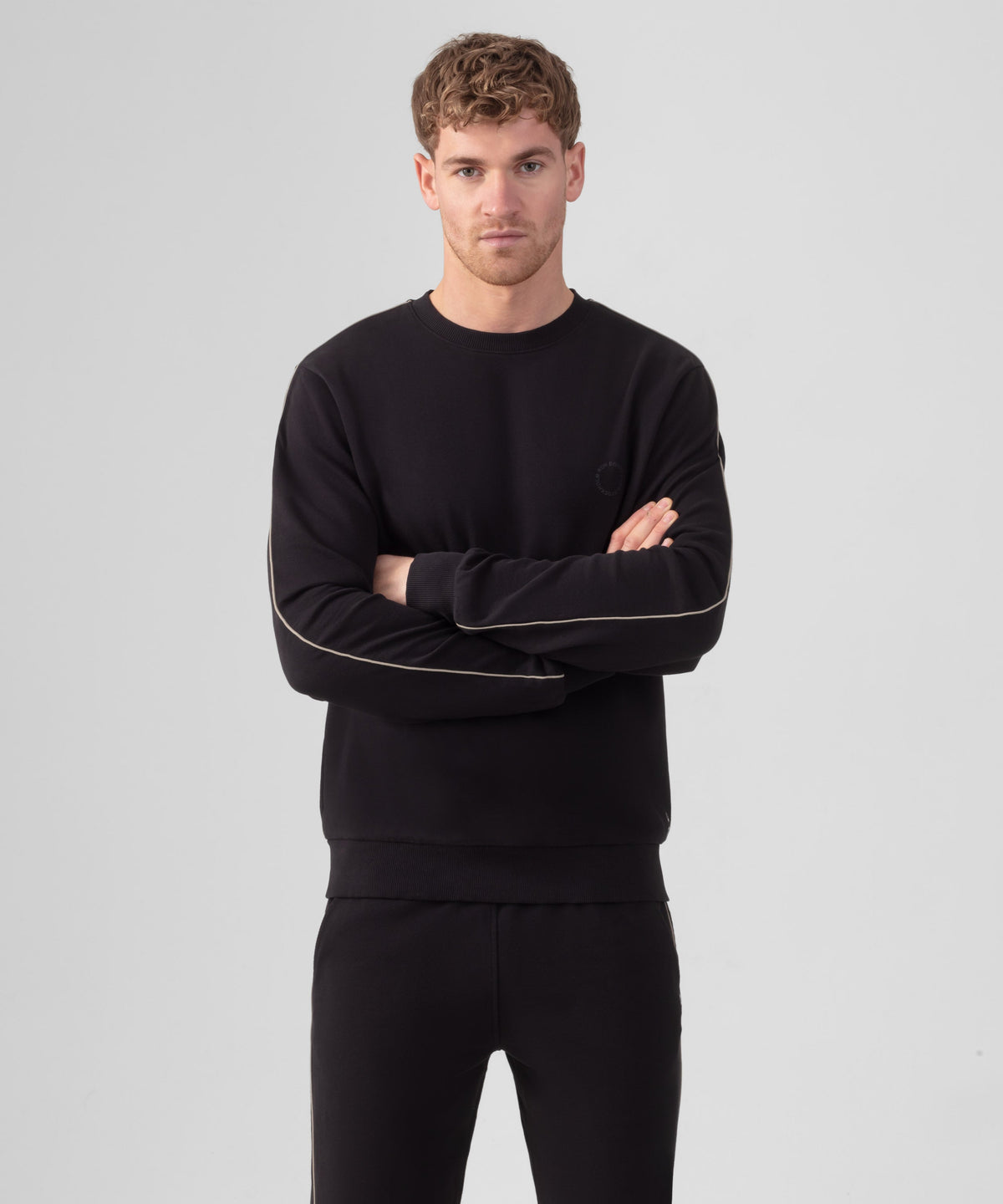 Cotton Piqué Sweatshirt w. Piping: Black