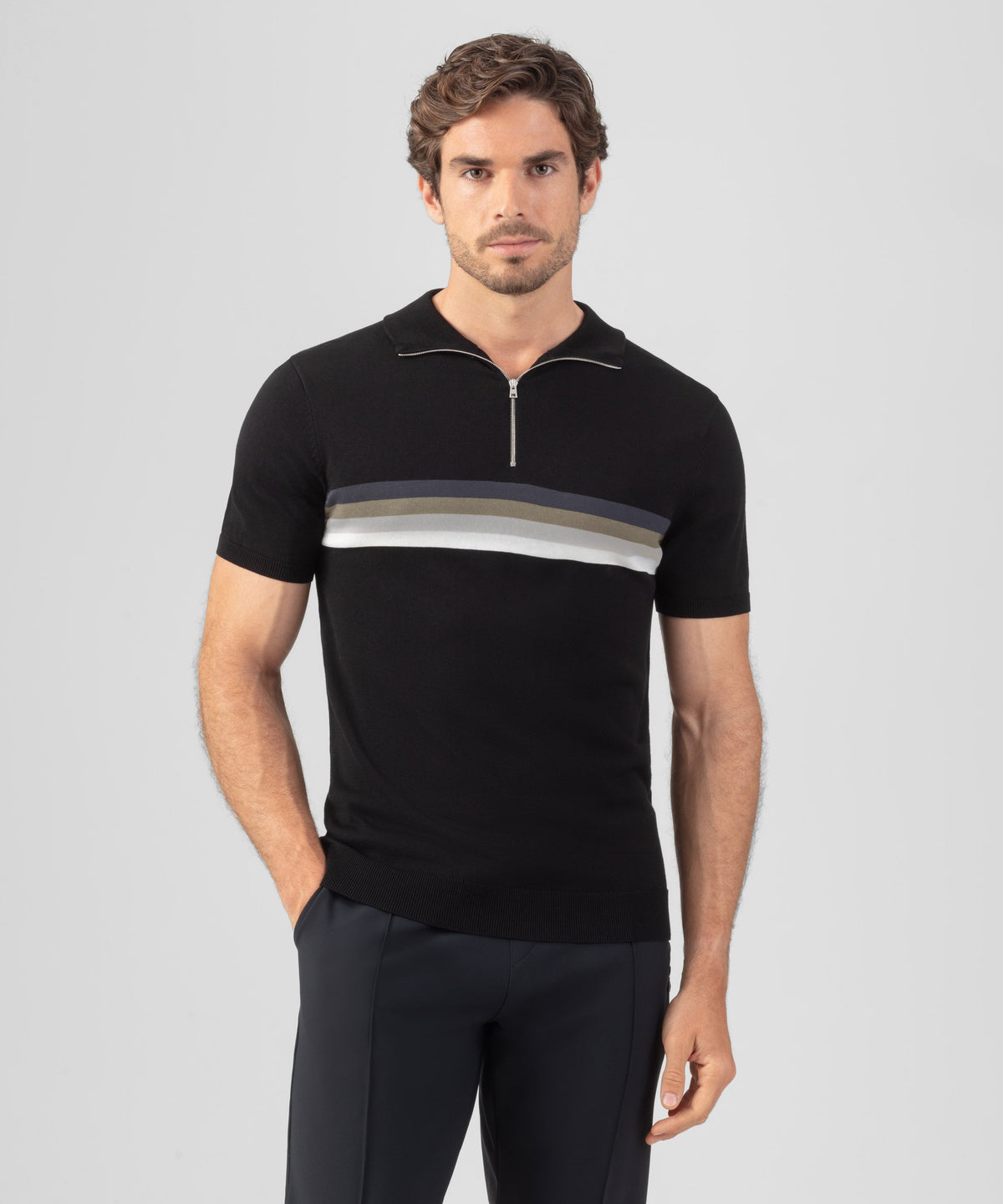 Cotton-Silk Polo w. Chest Stripes: Black