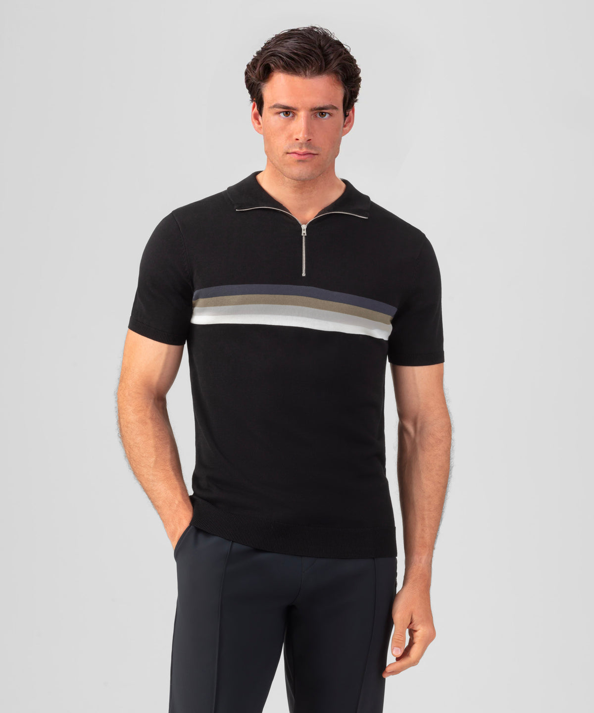 Cotton-Silk Polo w. Chest Stripes: Black