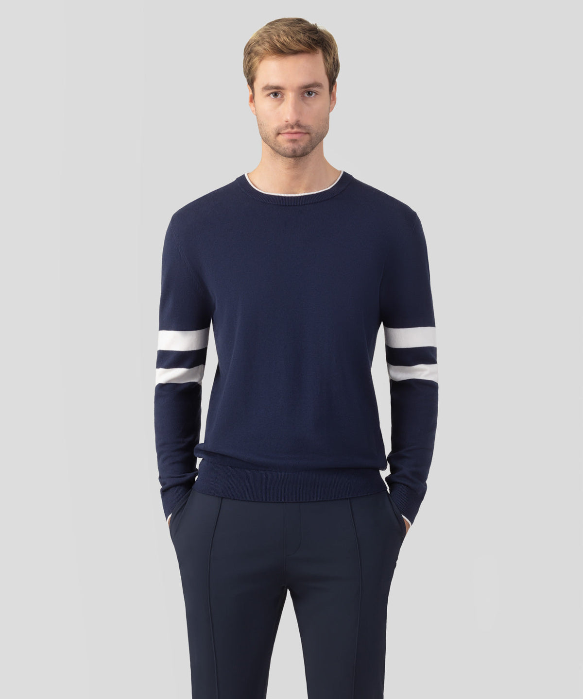 Cotton Cashmere Sweater w. Double Lines: Deep Ocean