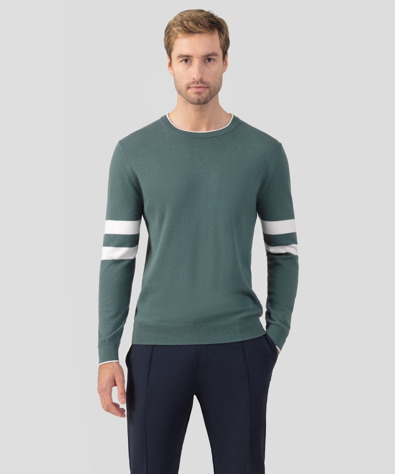 Cotton Cashmere Sweater w. Double Lines: Silver Pine