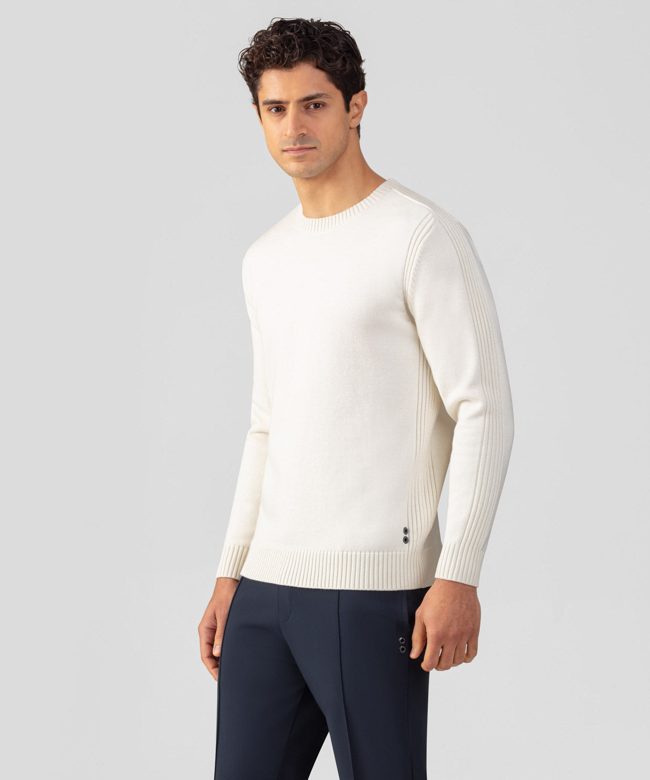 Cotton-Wool Navy Sweater w. Side Rib: Off White