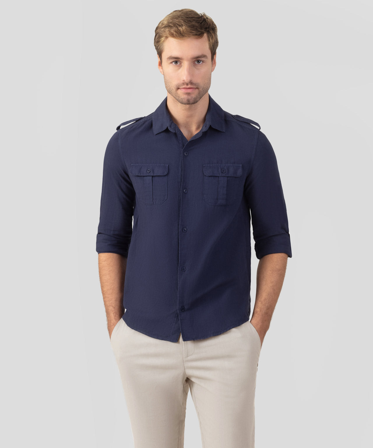 Cotton-Linen Long Sleeve Shirt w. Pockets: Deep Ocean