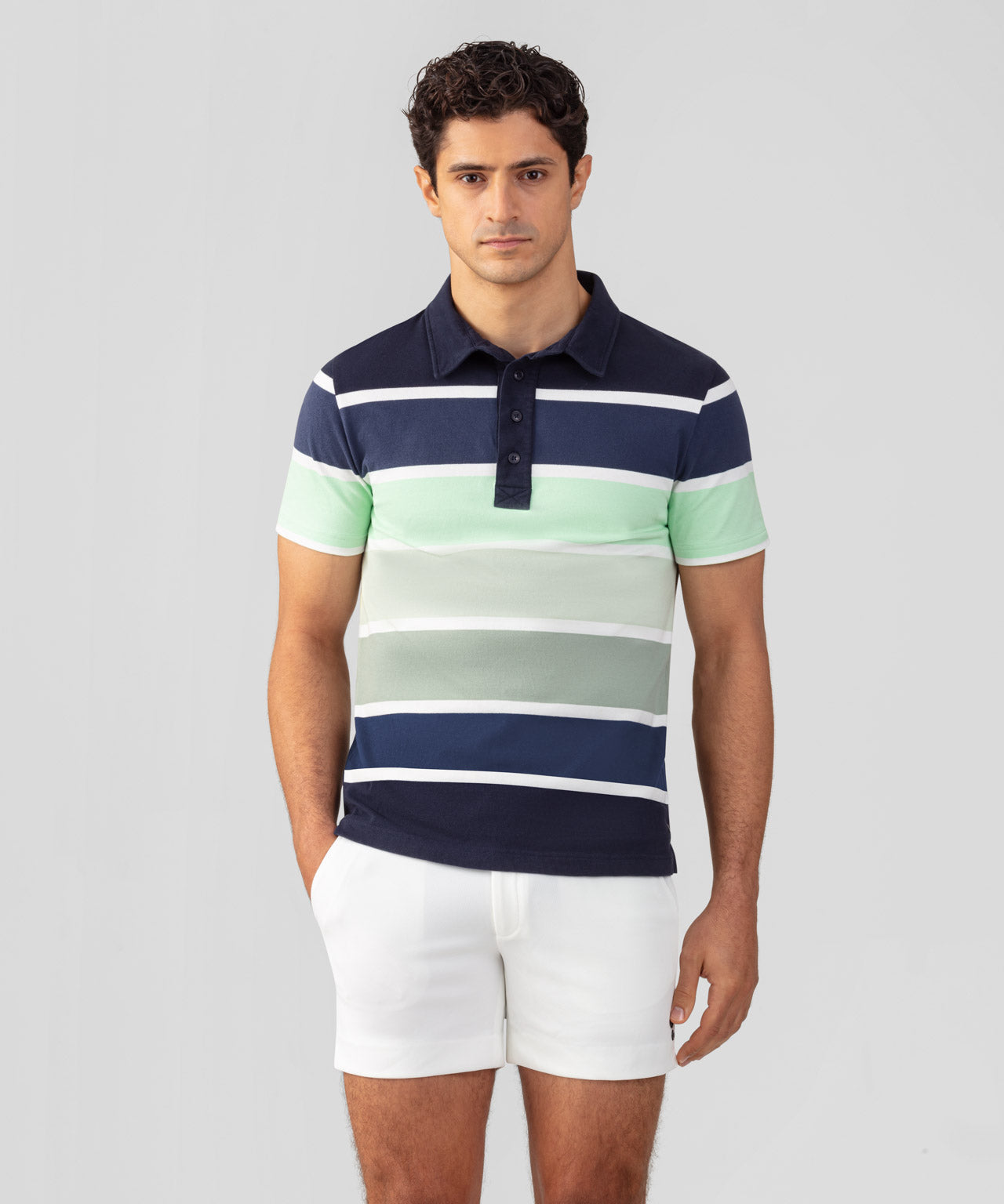 Cotton-Piqué Polo w. Big Stripes: Navy