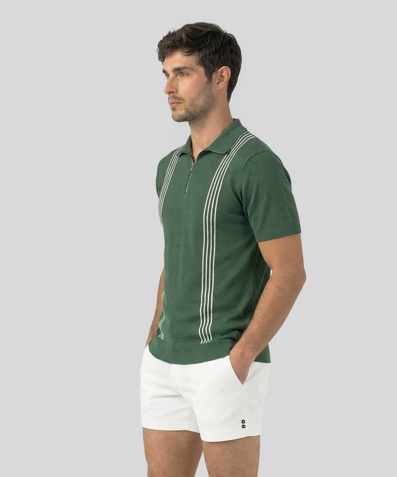 【Rm9】YOKE COTTON MESH STRIPE ZIP-UP Cotton-Silk Zip Collar Polo w. Stripes Green Court | Ron Dorff