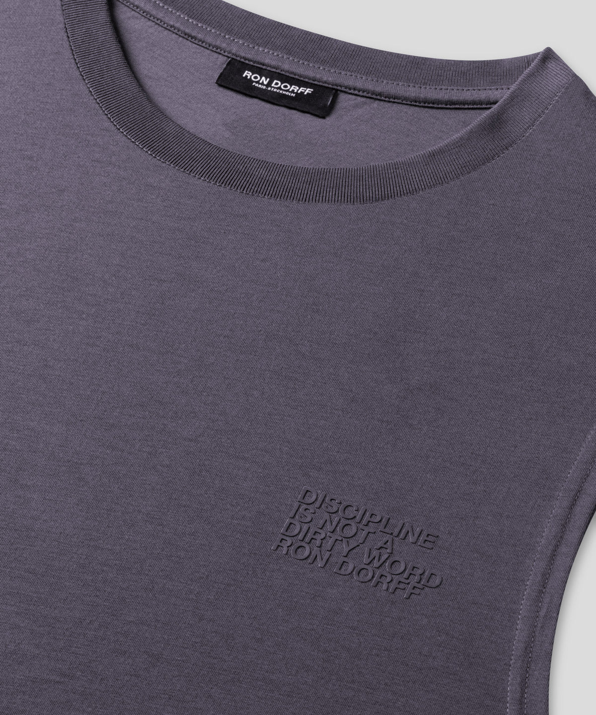 Organic Cotton Sleeveless T-Shirt Small Print "DISCIPLINE": Cosmo Grey