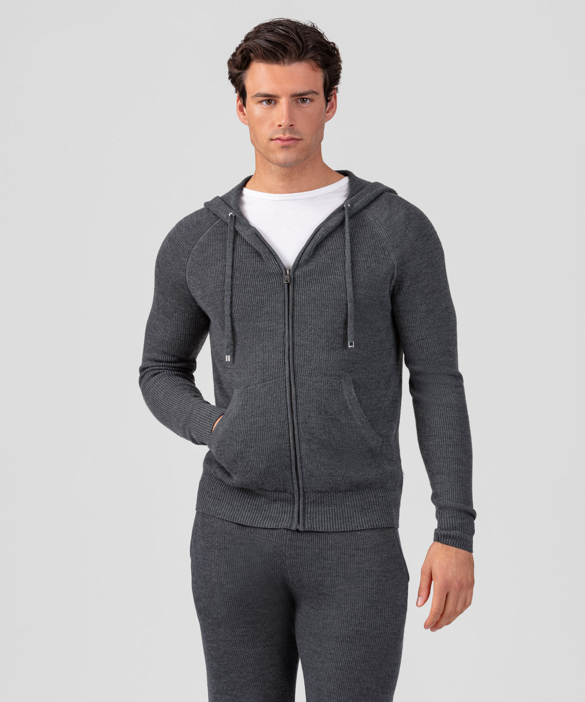 Ribbed Wool Zipped Hoodie Sweater: Cosmo Grey