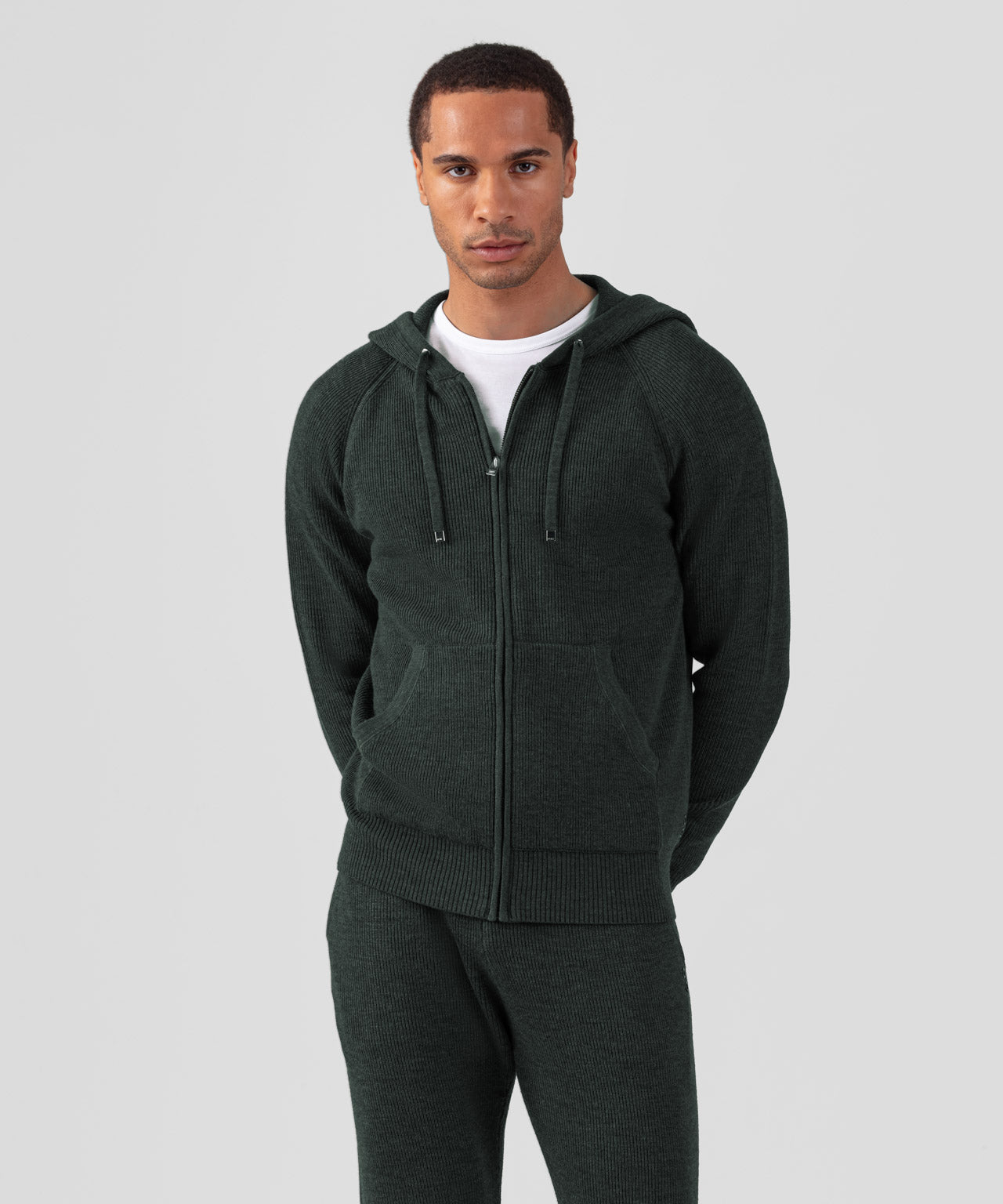 Ribbed Wool Zipped Hoodie Sweater: Dark Khaki