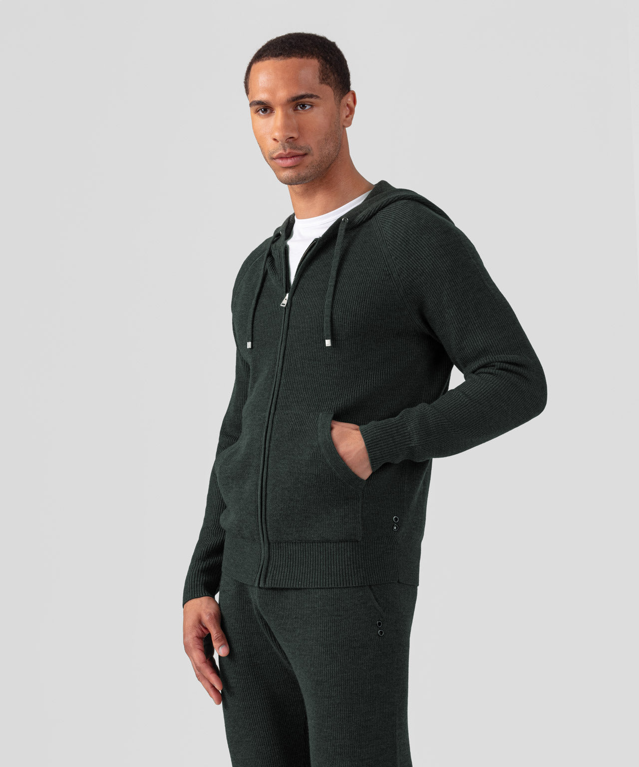 Ribbed Wool Zipped Hoodie Sweater: Dark Khaki