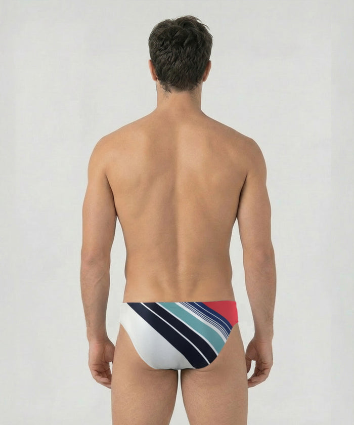 Slim Swim Briefs w. Retro Stripes: Shocking Red