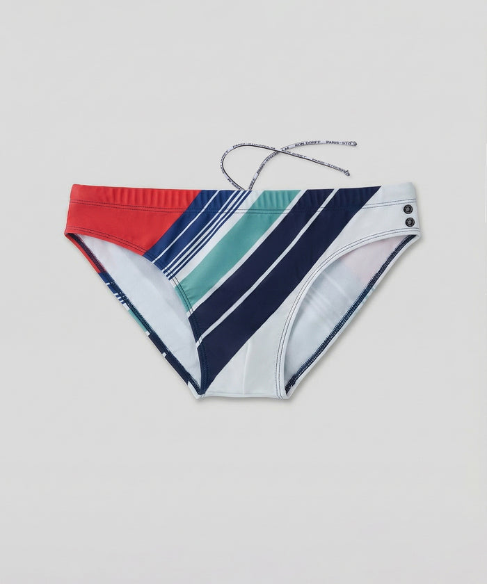 Slim Swim Briefs w. Retro Stripes: Shocking Red