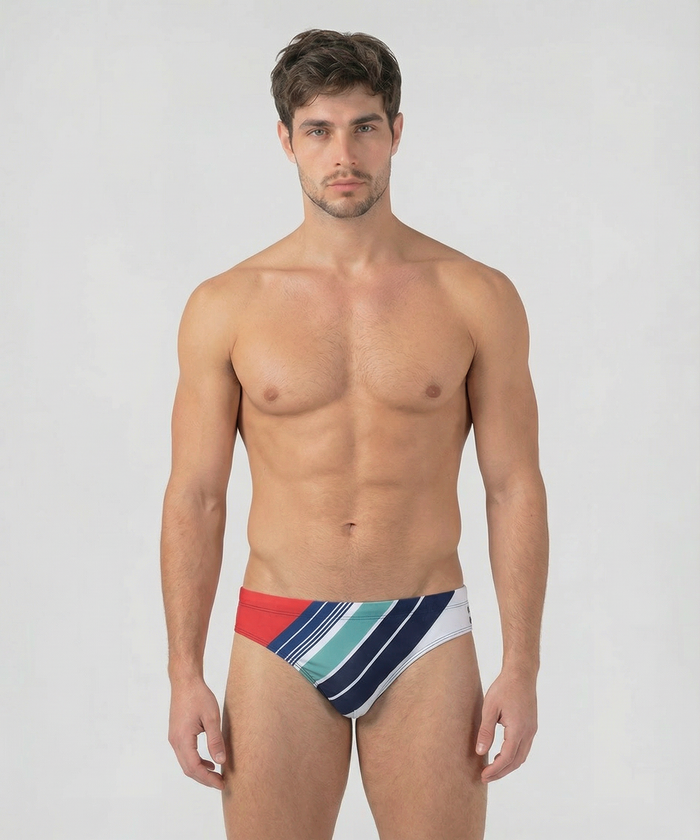 Slim Swim Briefs w. Retro Stripes: Shocking Red