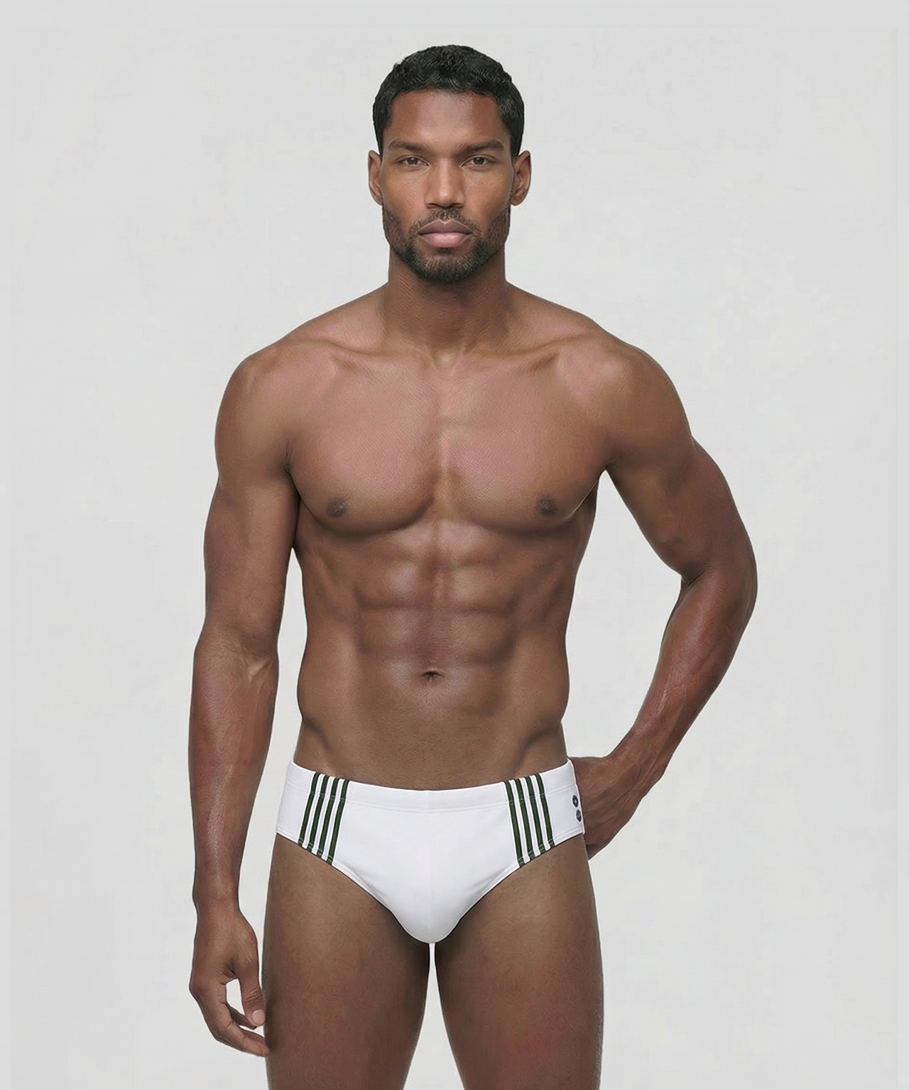 Swim Briefs w. Placed Vertical Thin Stripes: White