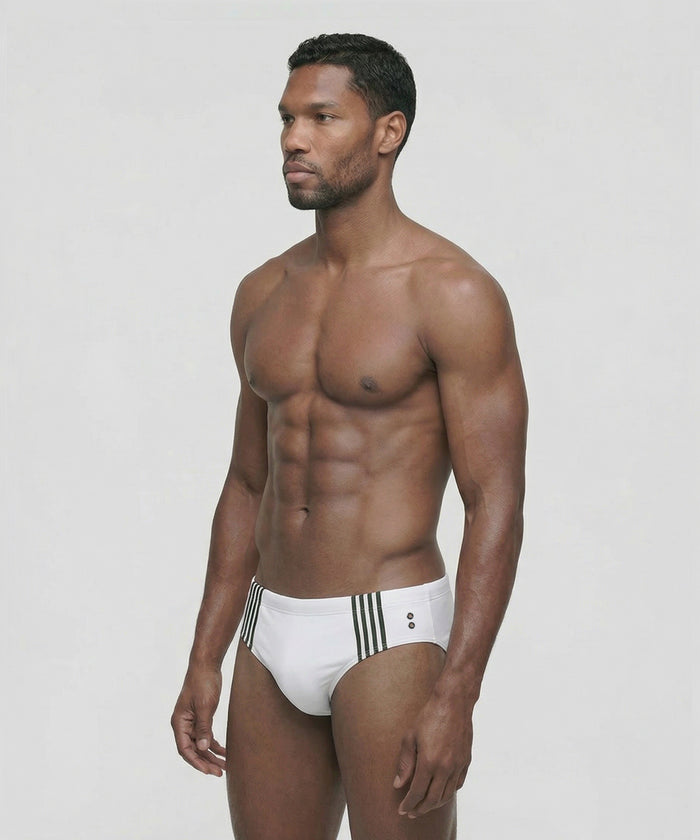 Swim Briefs w. Placed Vertical Thin Stripes: White
