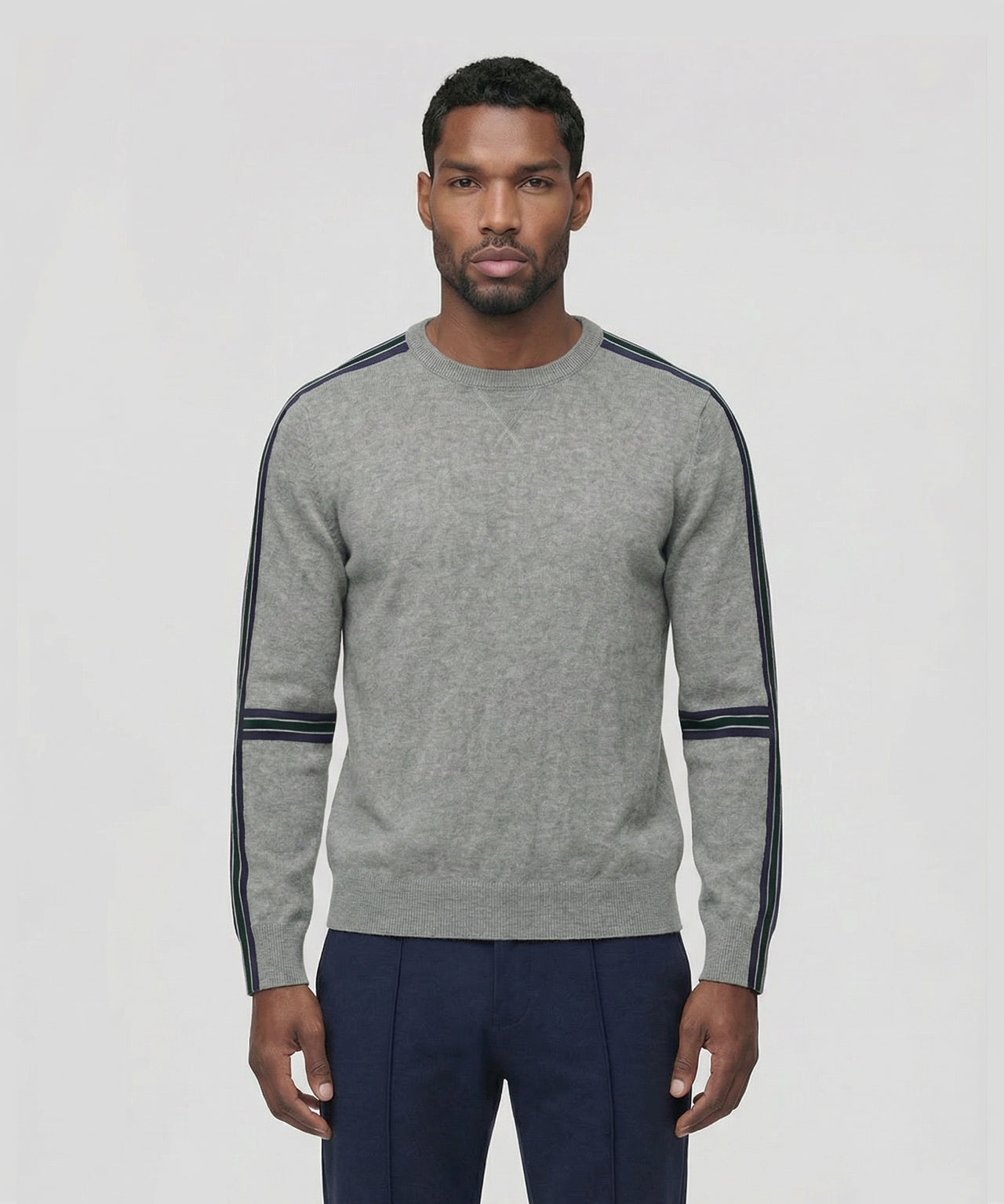 Cotton Cashmere Sweater w. Stripes: Grey Melange