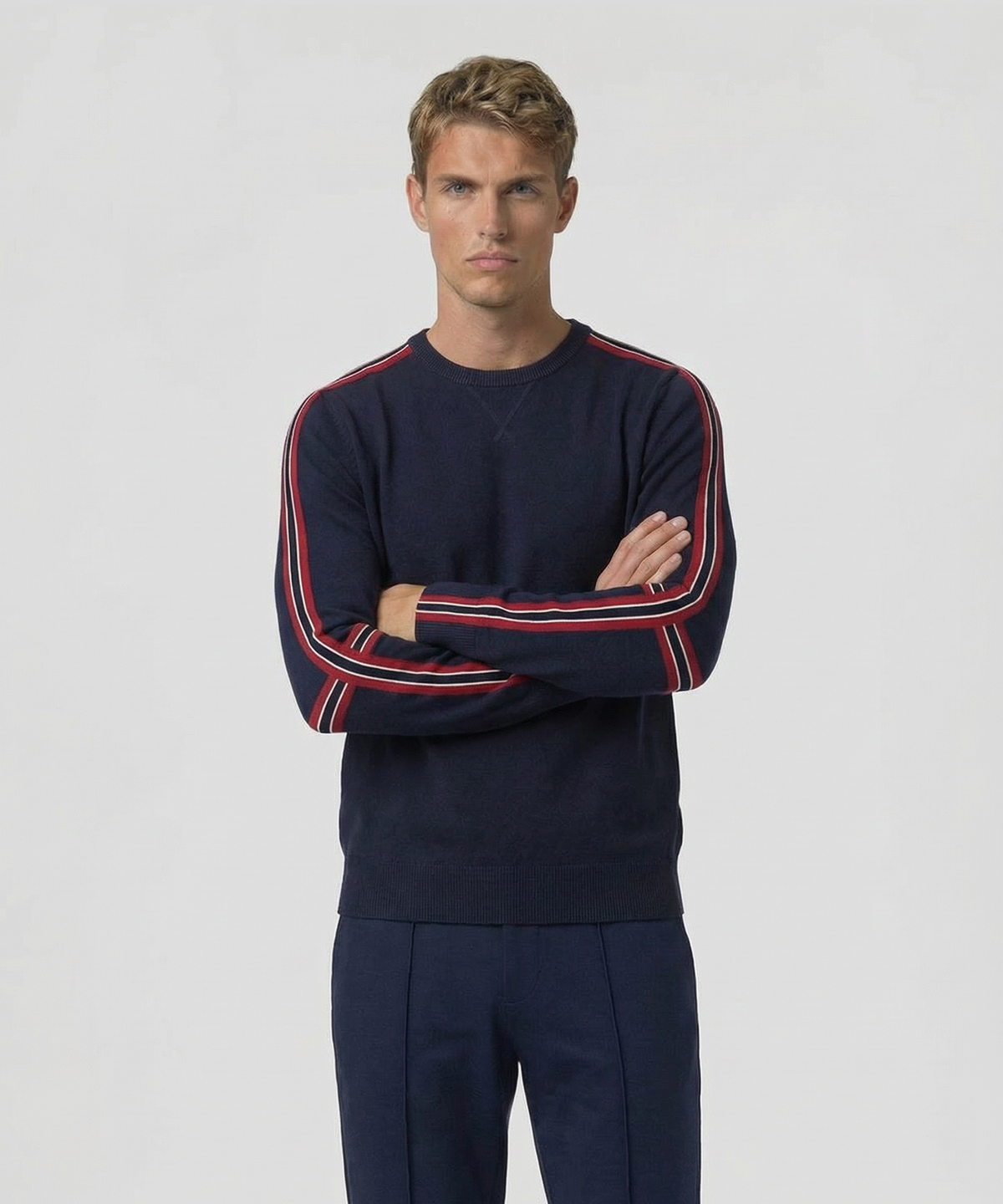 Cotton Cashmere Sweater w. Stripes: Navy