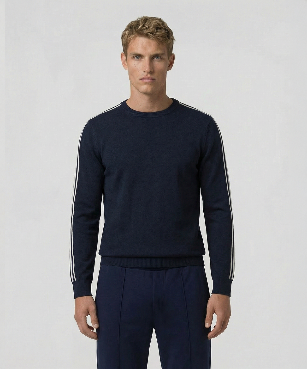 Wool Cotton Sweater w. Lines: Navy