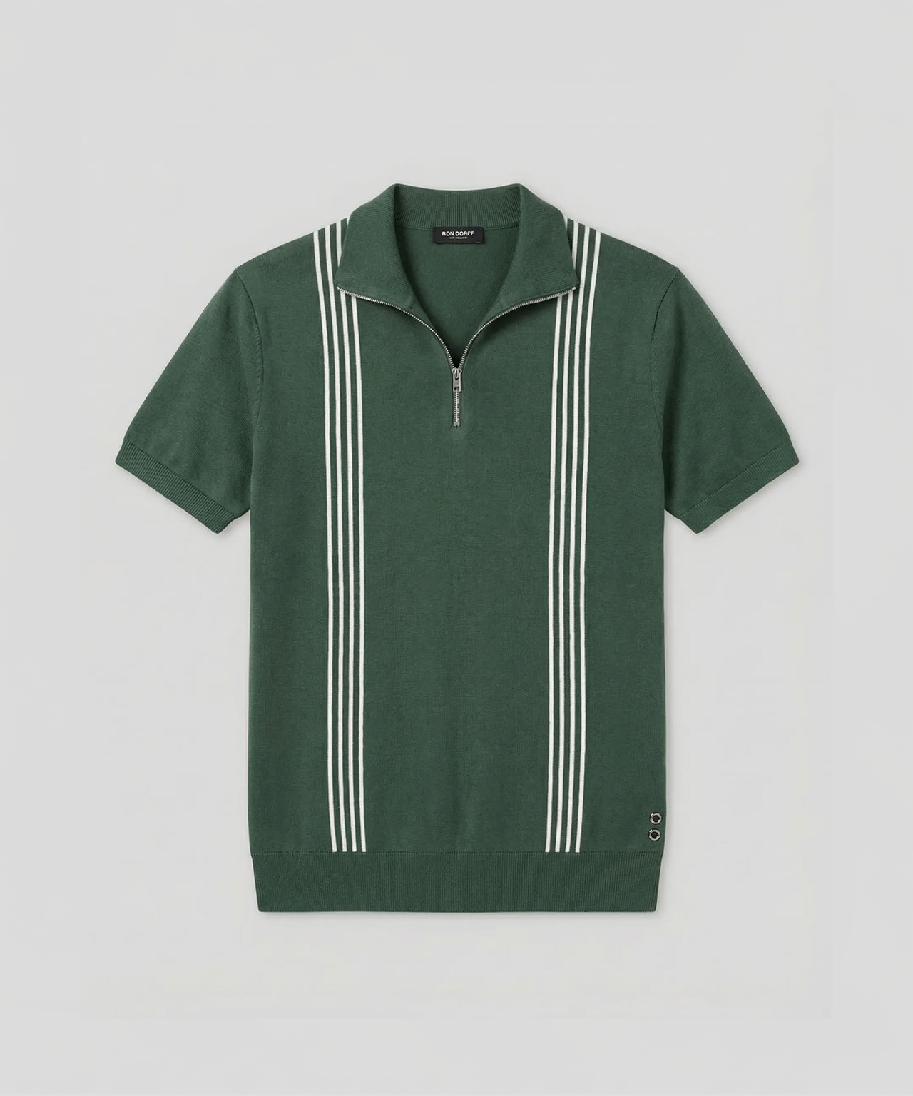Cotton-Silk Zip Collar Polo w. Stripes Green Court | Ron Dorff