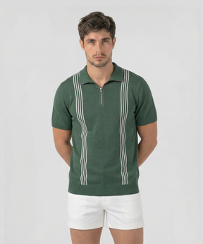 Cotton-Silk Zip Collar Polo w. Stripes: Court Green