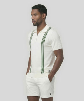 Cotton-Silk Zip Collar Polo w. Stripes: Off White