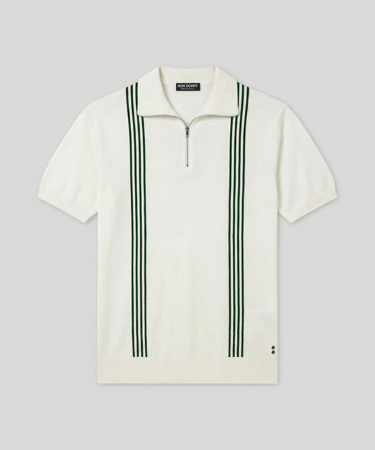 Cotton-Silk Zip Collar Polo w. Stripes: Off White