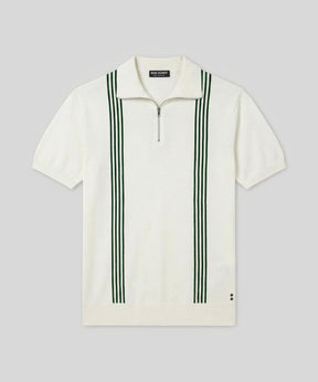 Cotton-Silk Zip Collar Polo w. Stripes: Off White