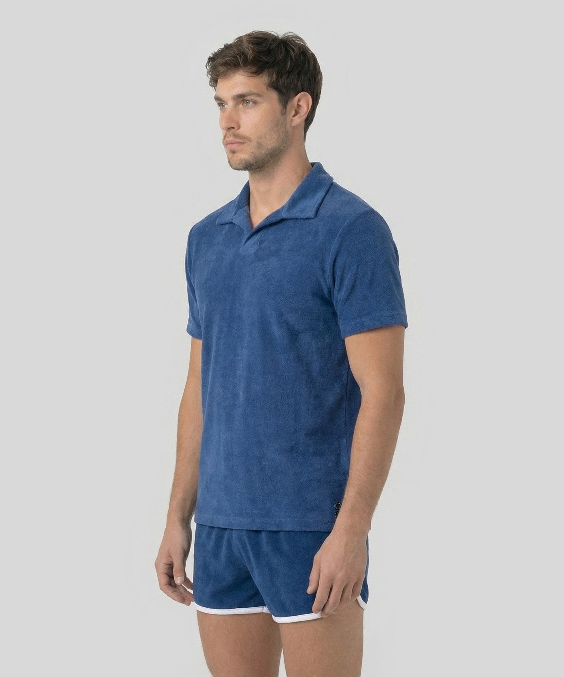 Cotton Terry V Neck Polo Bleu | Ron Dorff