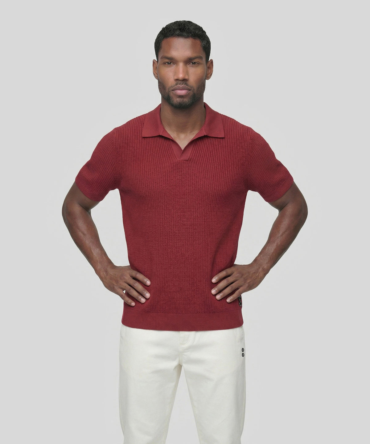 Knitted V Neck Polo: Red