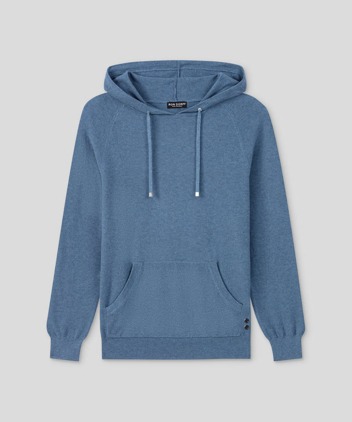 Cotton-Cashmere Piqué Hoodie Sweater: Blue Melange