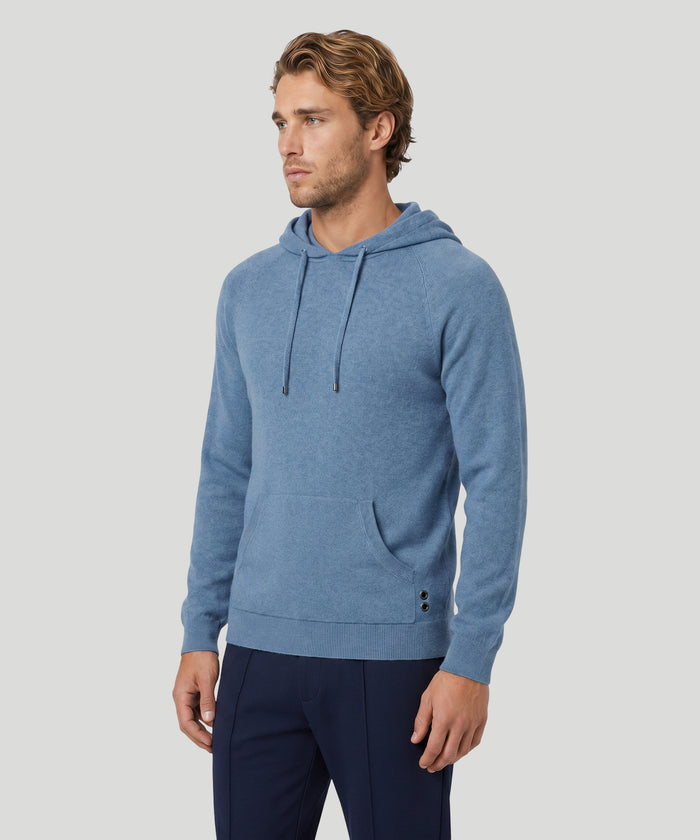 Cotton-Cashmere Piqué Hoodie Sweater: Blue Melange